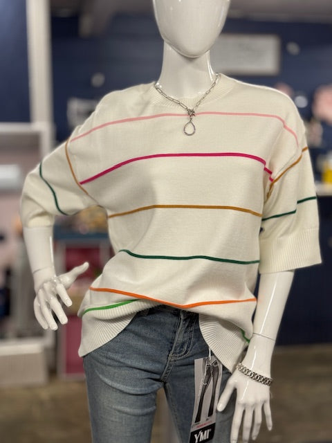 Colorblock Stripe Drop Shoulder Short Sleeve Sweater