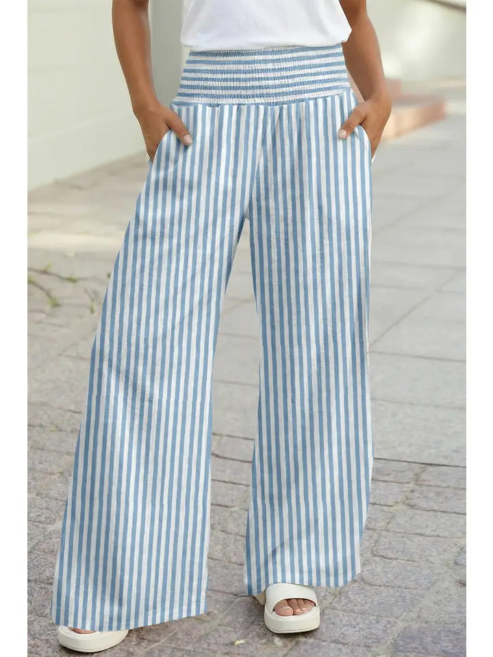 Coastal Vertical Striped Smocked Wide-Leg Pants