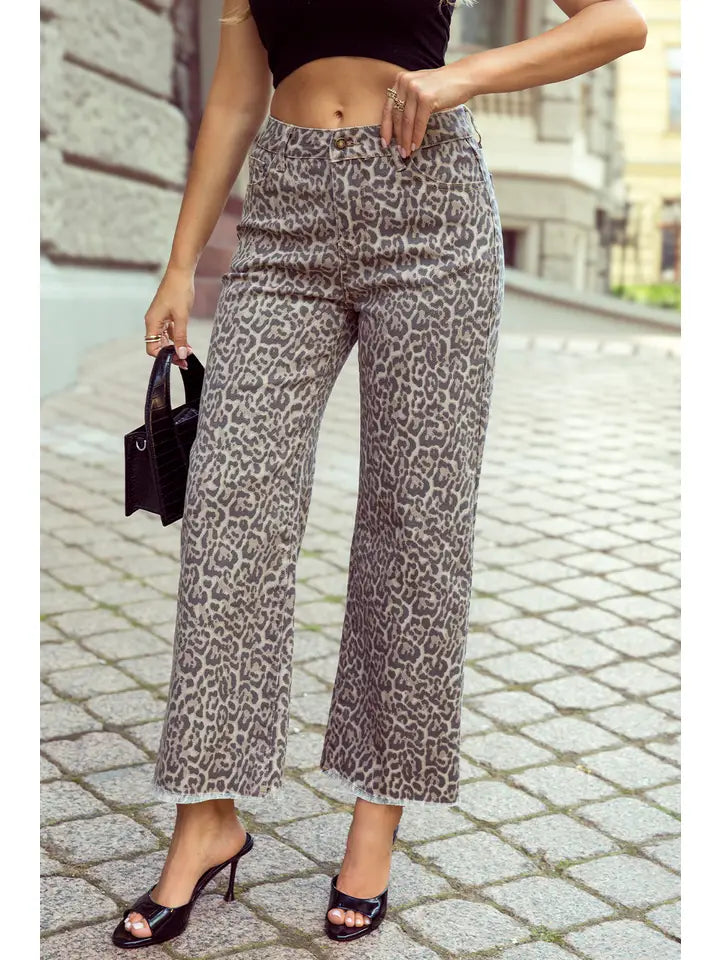 Leopard Frayed Edge Wide Leg High Waist Jeans