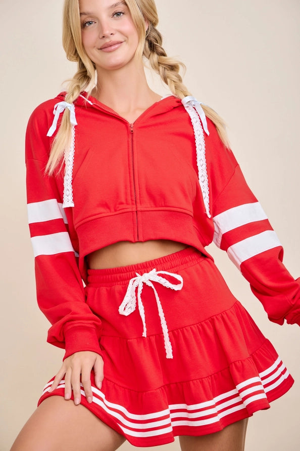 Red Ruffled Sporty Zip Hoodie & Tiered Skort Set