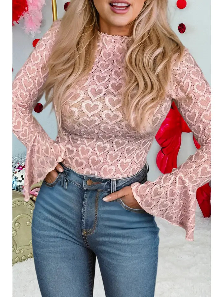 Heart Jacquard Flare Sleeve Mock Neck Fitted Top