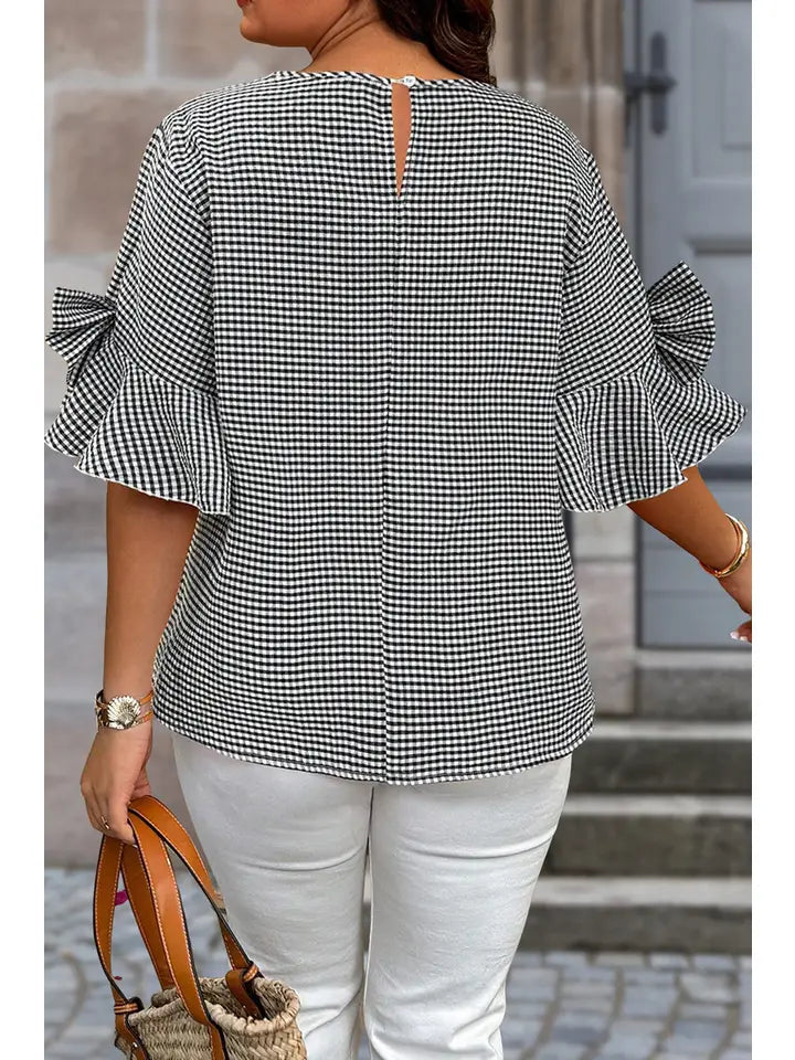 Plus Size Gingham Bow Ruffle Sleeve Top