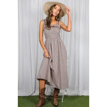 Chocolate Gingham Smocked Midi Dress – Beautifully Blessed Boutique