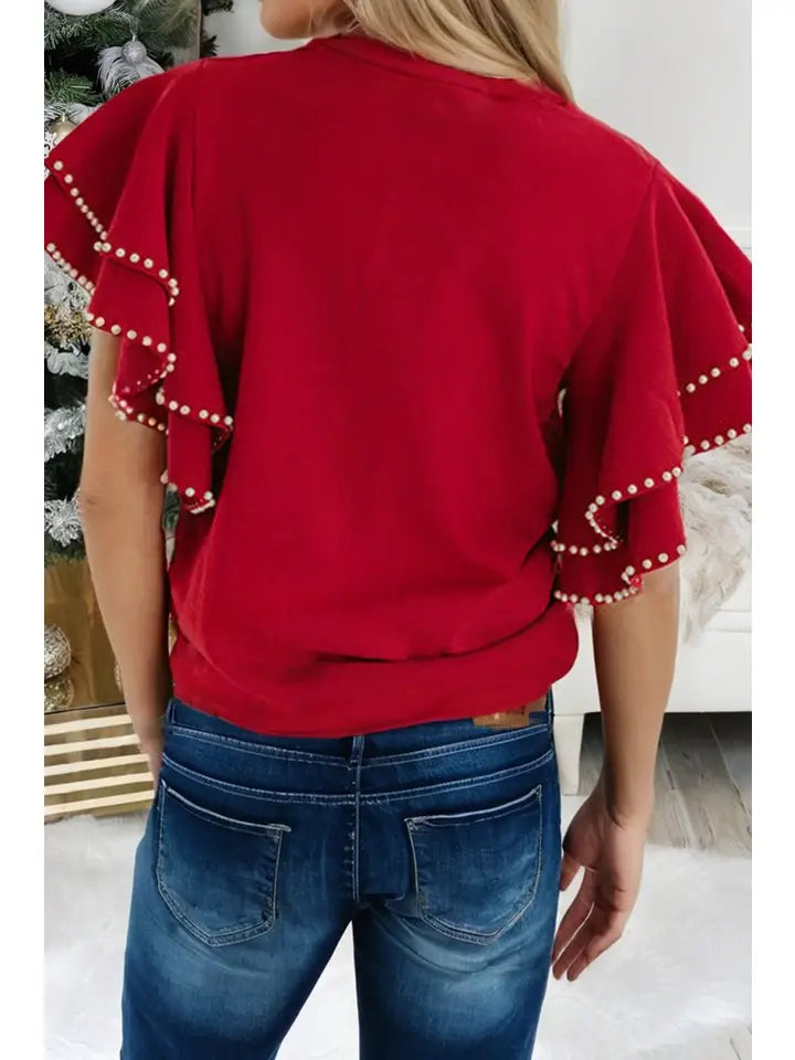 Pearl Embellished Double Ruffle Short Sleeve Sweater