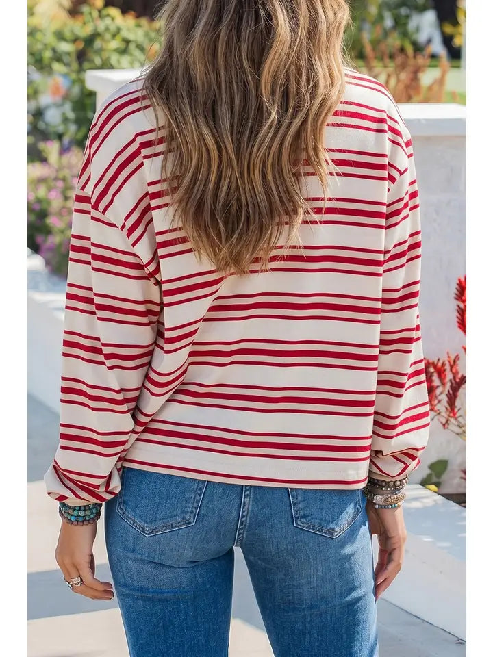 Casual Loose Fit Long Sleeve Red Striped Pullover Top