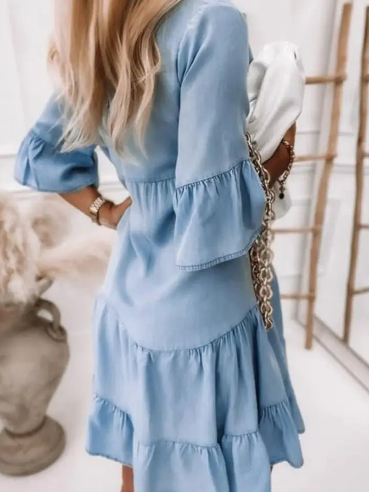 V-Neck Half Sleeve Washed Denim Dress