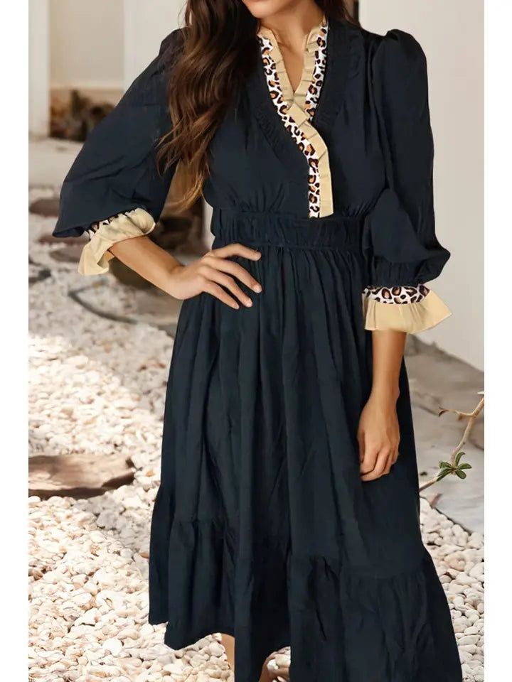 Solid Color Patchwork Leopard Print Detail Dress