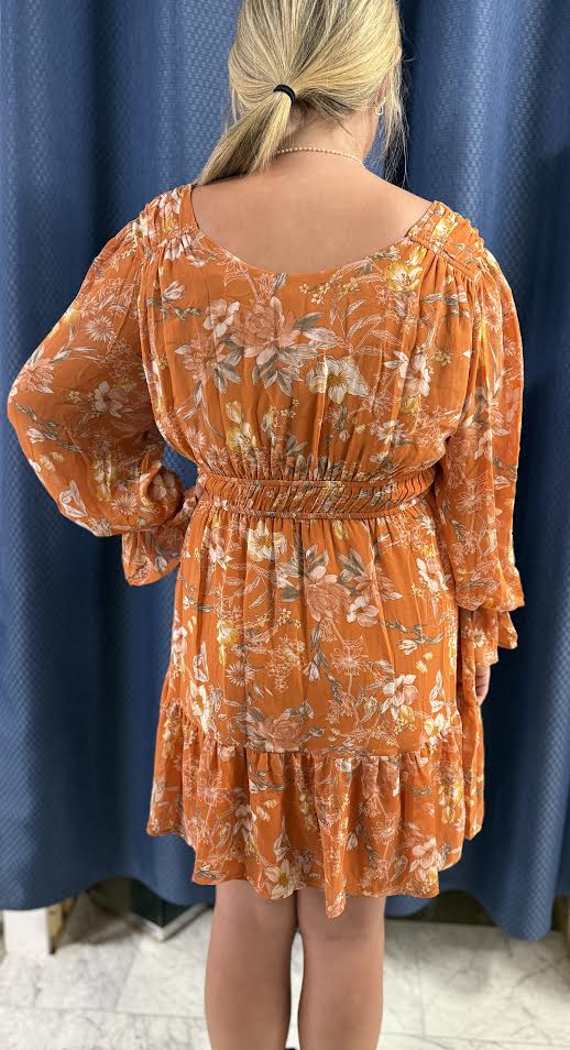 Fall Rust Orange Floral Mini Dress