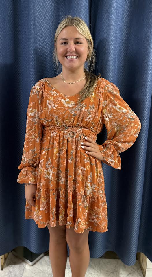 Fall Rust Orange Floral Mini Dress