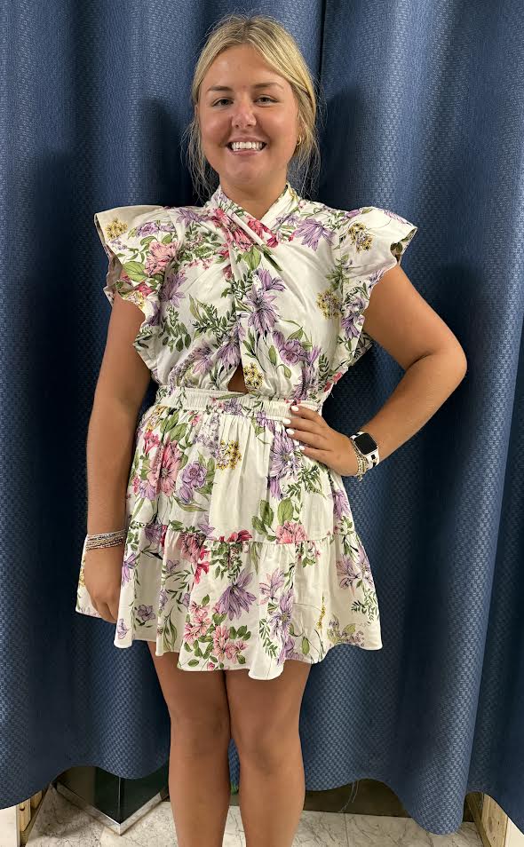 High Neck Floral Peek-a-Boo Mini Dress