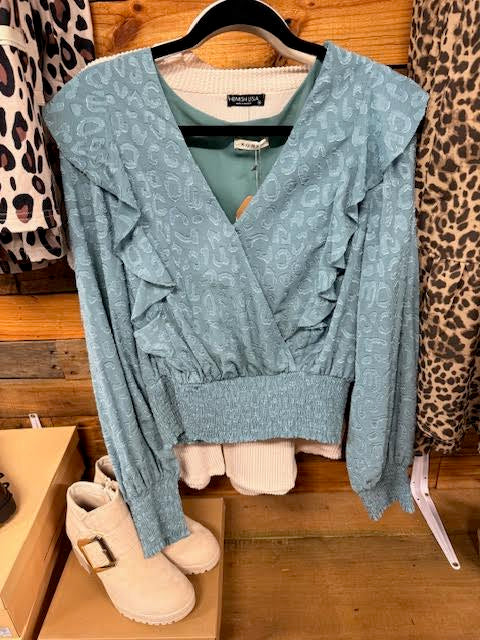 Long Sleeve Cinch Waist Frilly Blouse