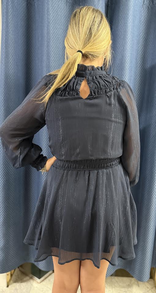 Navy Tinsel Striped Smocked Waist Mini Dress