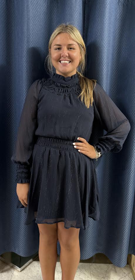 Navy Tinsel Striped Smocked Waist Mini Dress