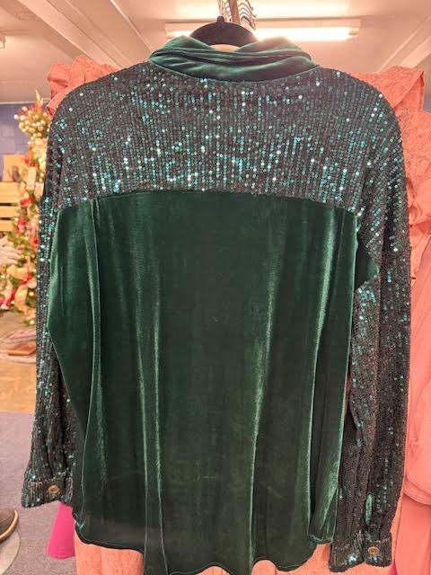 Umgee Emerald Velvet & Sequins Button Down Top