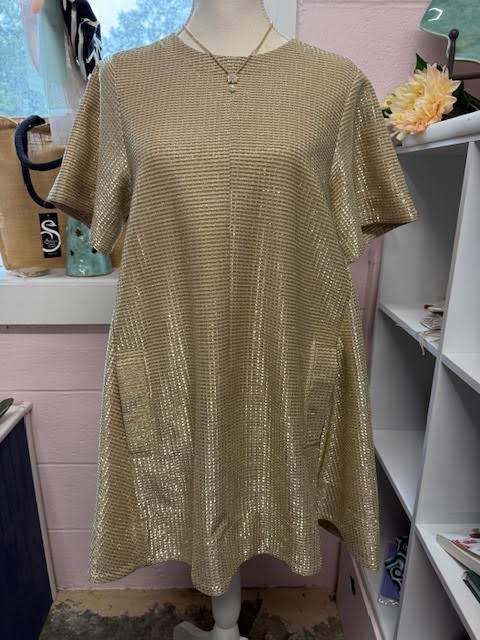 Glam Gold Round Neck A-Line Dress w/Pockets