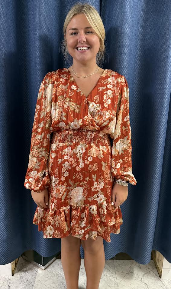 Floral Burnt Orange Smocked Waist Tinsel Stripe Mini Dress