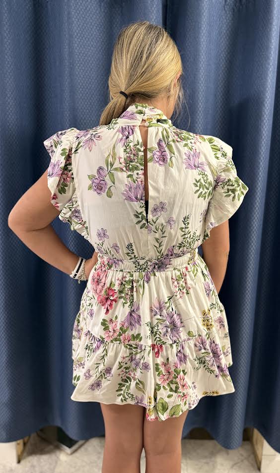 High Neck Floral Peek-a-Boo Mini Dress