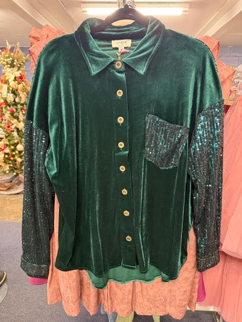 Umgee Emerald Velvet & Sequins Button Down Top