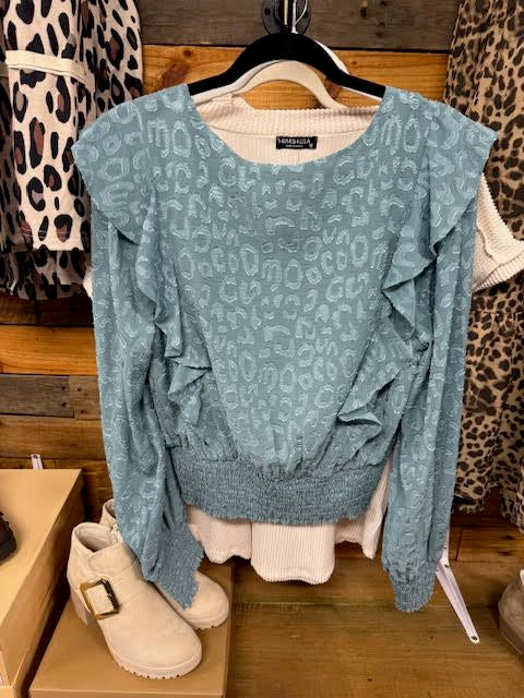 Long Sleeve Cinch Waist Frilly Blouse