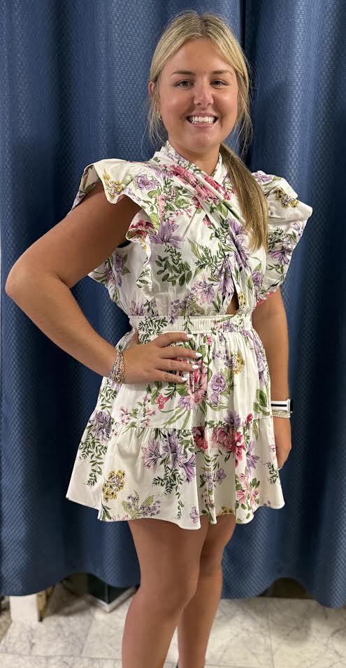 High Neck Floral Peek-a-Boo Mini Dress