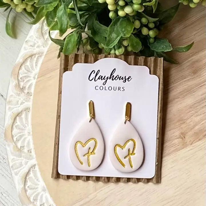 Handmade Clay Teardrop w/Heart & Cross Earring