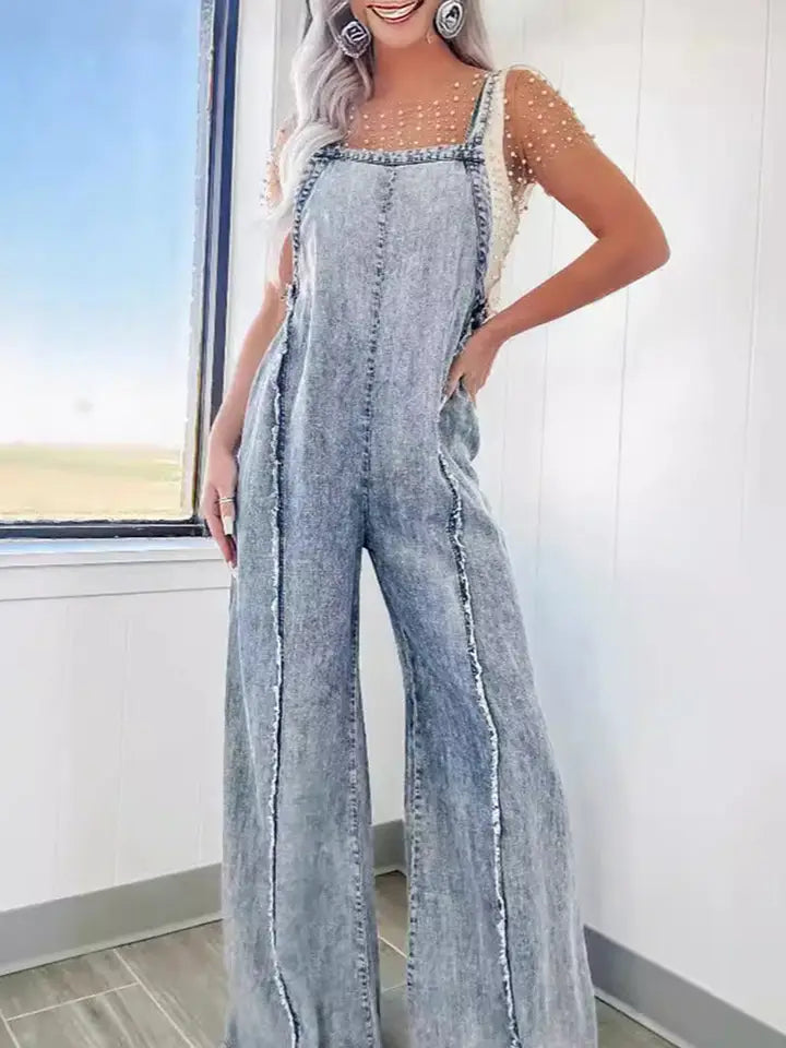 Wide-Leg Denim Overall Jumpsuit