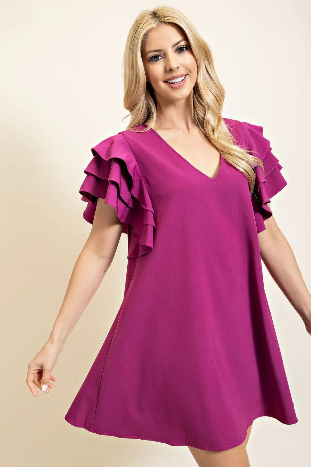 Glam Plum V-Neck Ruffle Sleeve Mini Dress