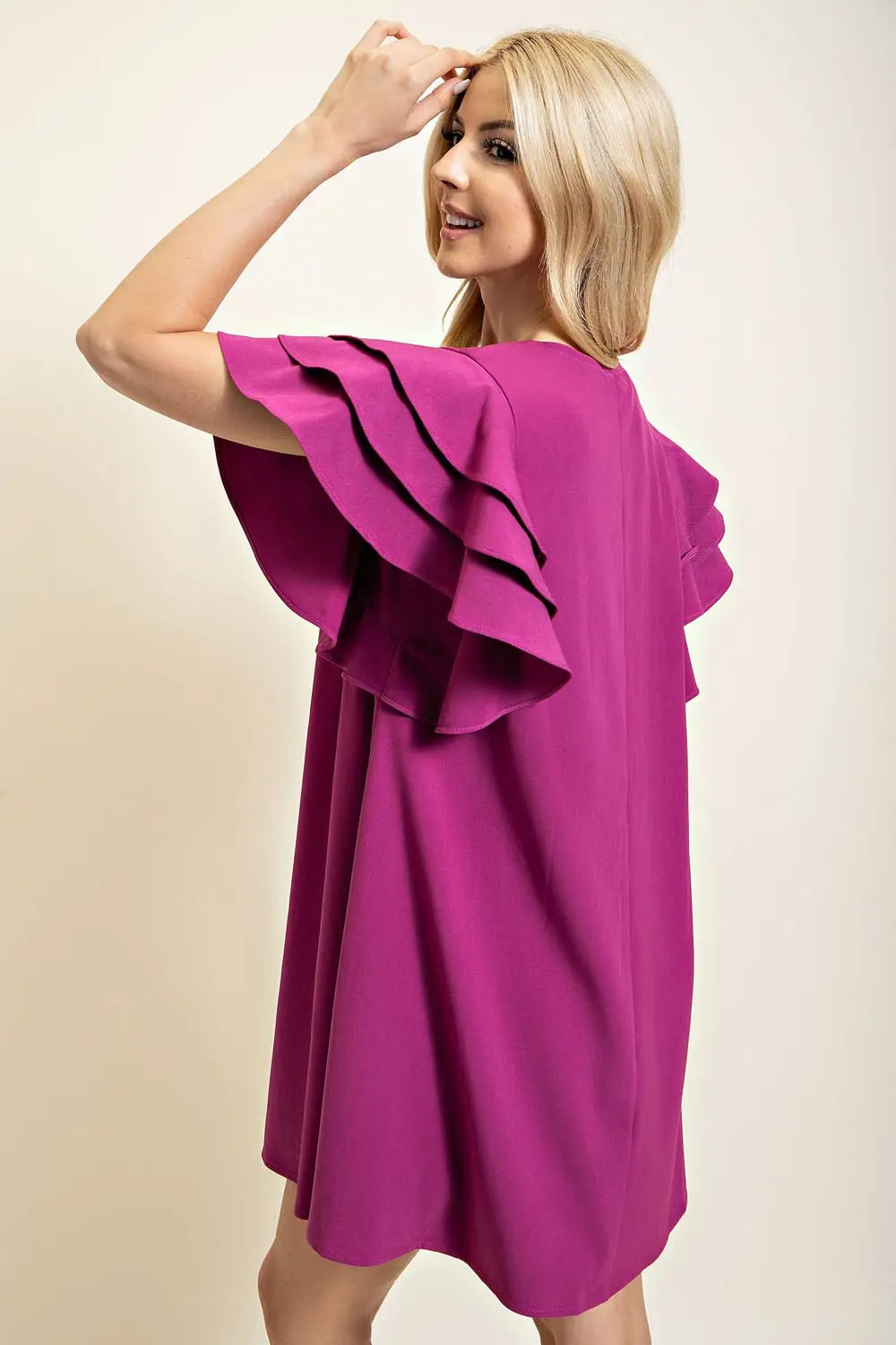 Glam Plum V-Neck Ruffle Sleeve Mini Dress