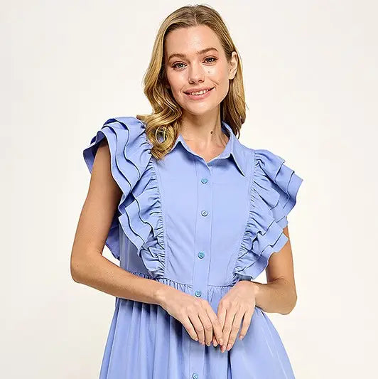 Collared button down dress with ruffles
