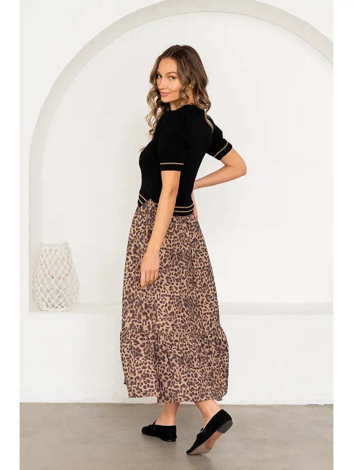 Midi Dress with Knit Top Animal Print Skirt