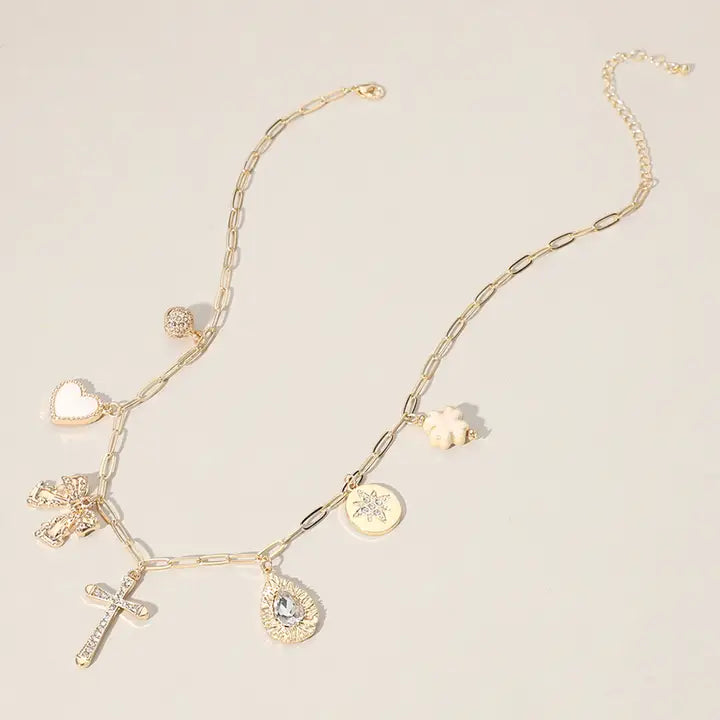 16" Cross Mother of Pearl Heart Clover Bow Charm Chain Necklace