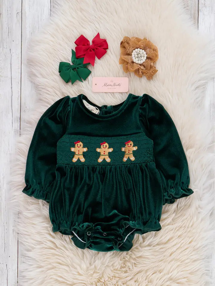 Deep Emerald Smocked Gingerbread Velvet Romper
