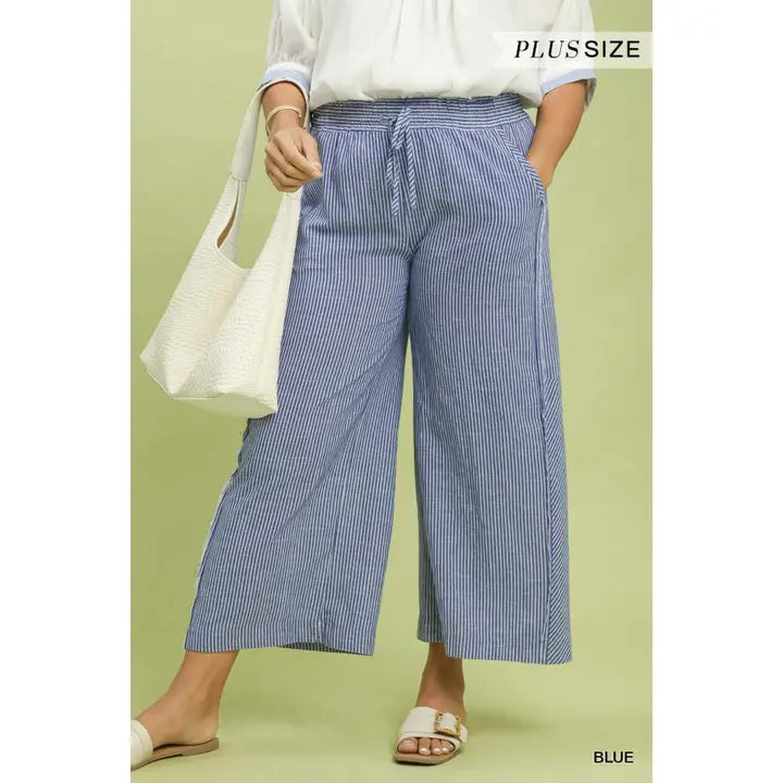 Plus Linen Striped Wide Leg Pants with Pockets
