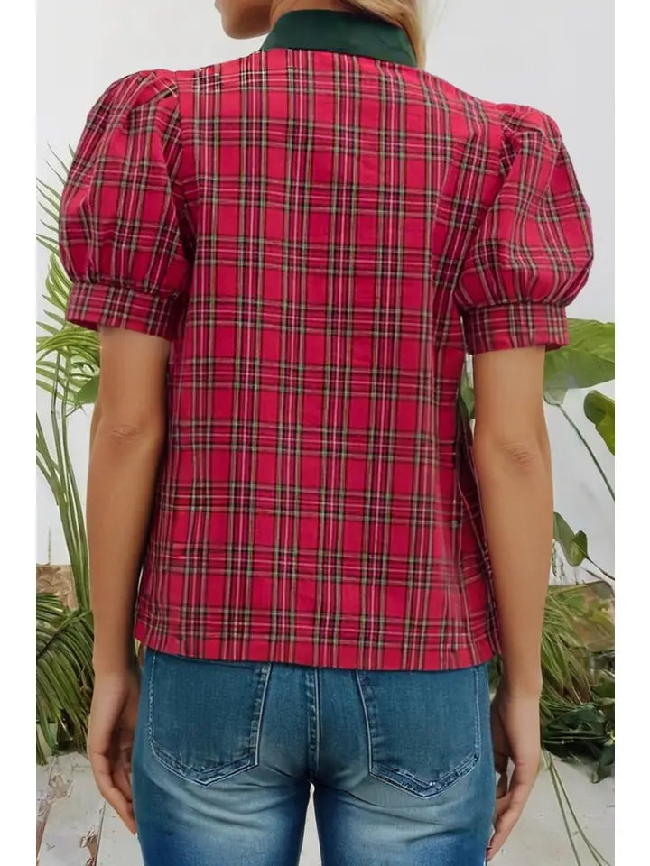 Plaid Print Contrast Trim V Neck Short Sleeve Blouse