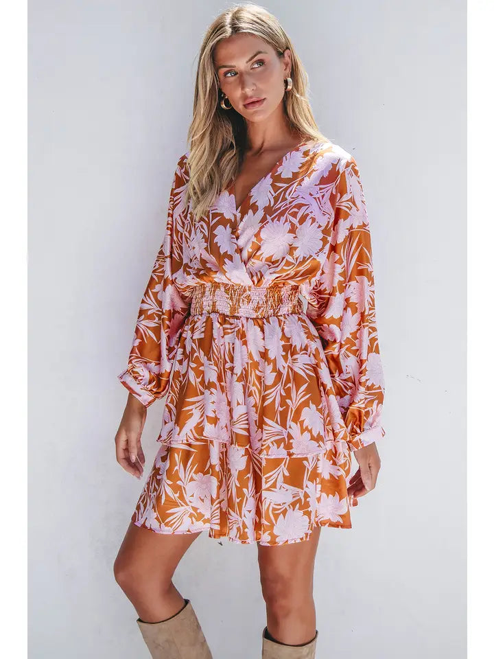 Floral long sleeve double tiered mini dress