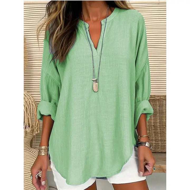 Linen Look Long Sleeve Casual V-Neck Top