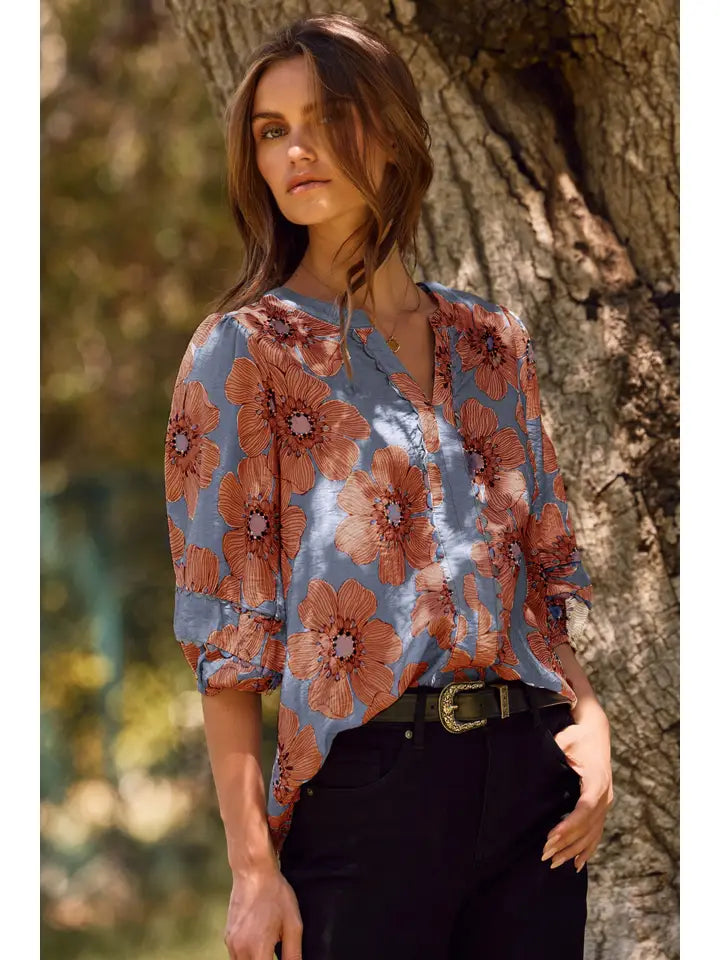Blue Multi Floral Printed 3/4 Sleeve Blouse