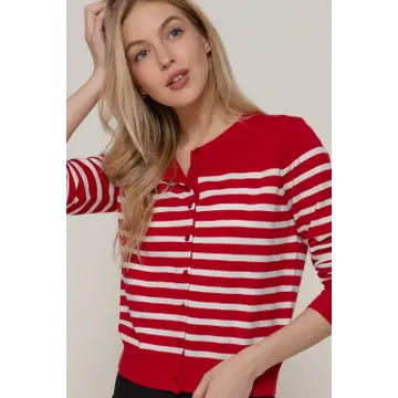 Long Sleeve Crew Neck Stripe Sweater Cardigan