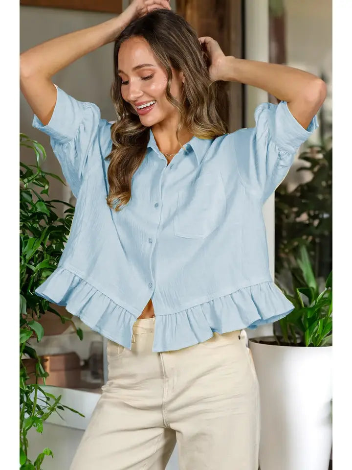Pocket Detail Ruffle Hem 100%Cotton Shirt