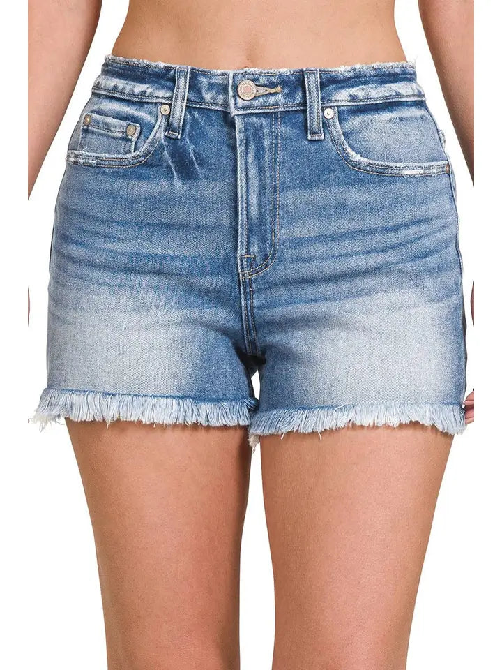 Mid Rise Raw Frayed Hem Denim Shorts