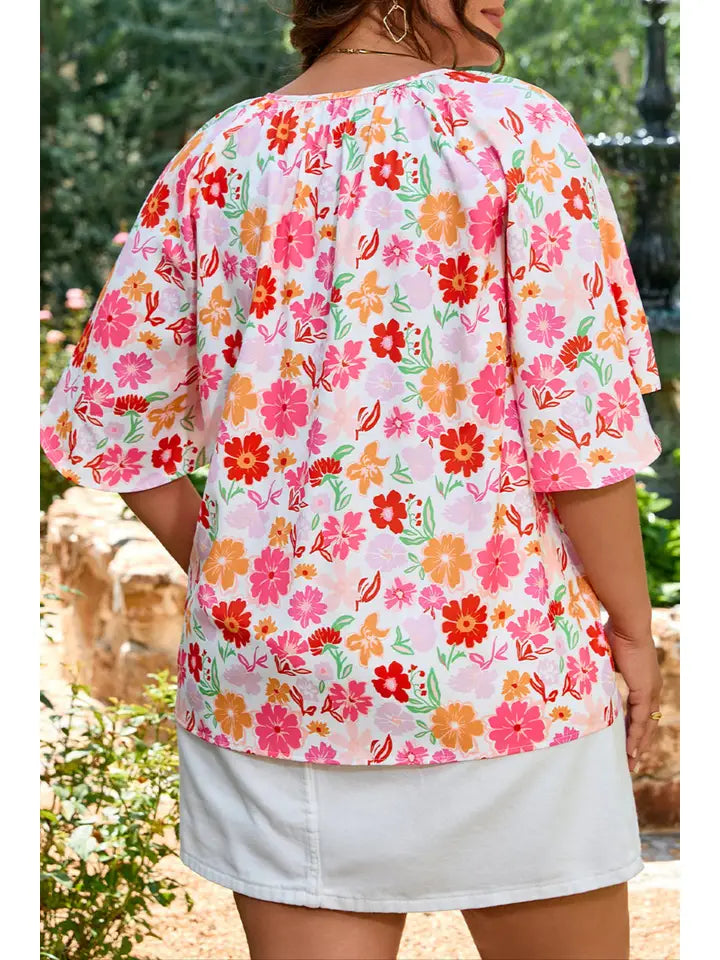 Plus Size Floral Split V-Neck Blouse