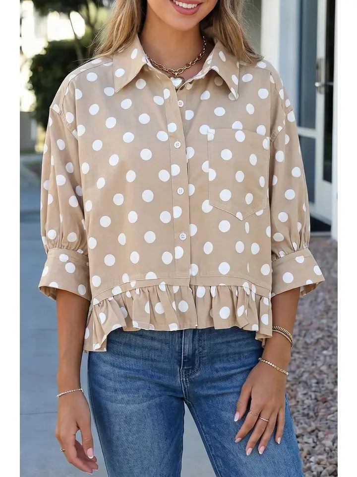 Khaki Polka Dot Button Up Shirt with Ruffle Hem