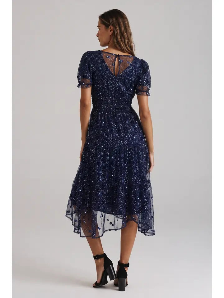 Daisy Navy Sparkle Puff Sleeve Midi Dress