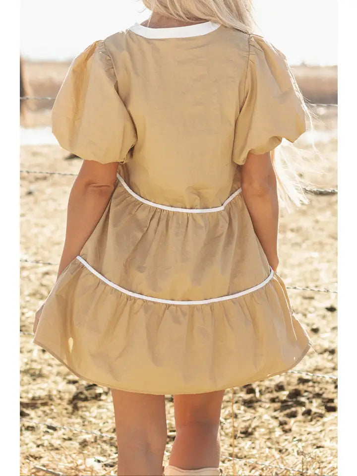 Contrast Trim Puff Sleeve Dress
