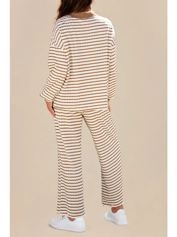 Stripe Collared Pullover Top and Drawstring Pant Set