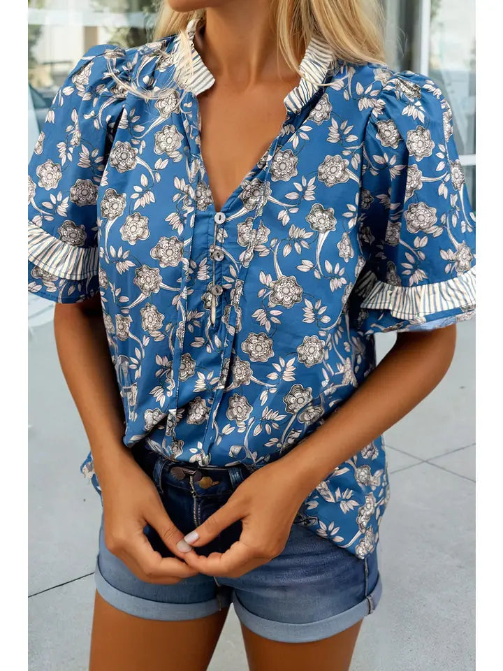Floral Print Button Tie Neck Short Sleeve Blouse