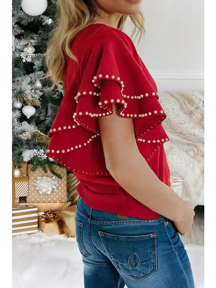 Pearl Embellished Double Ruffle Short Sleeve Sweater