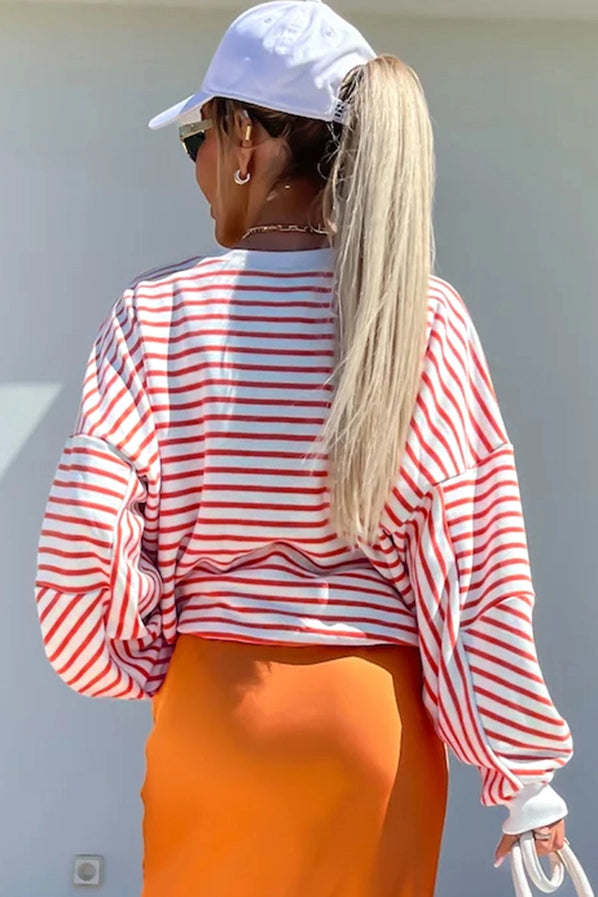 Orange Striped Crew Neck Sweatshirt