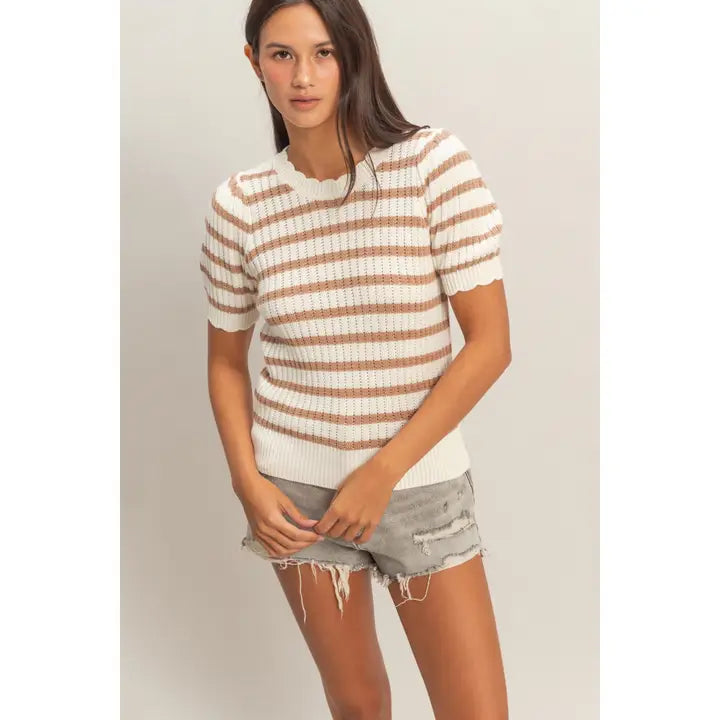 Taupe Scallop Edge Puff Sleeve Knit Top