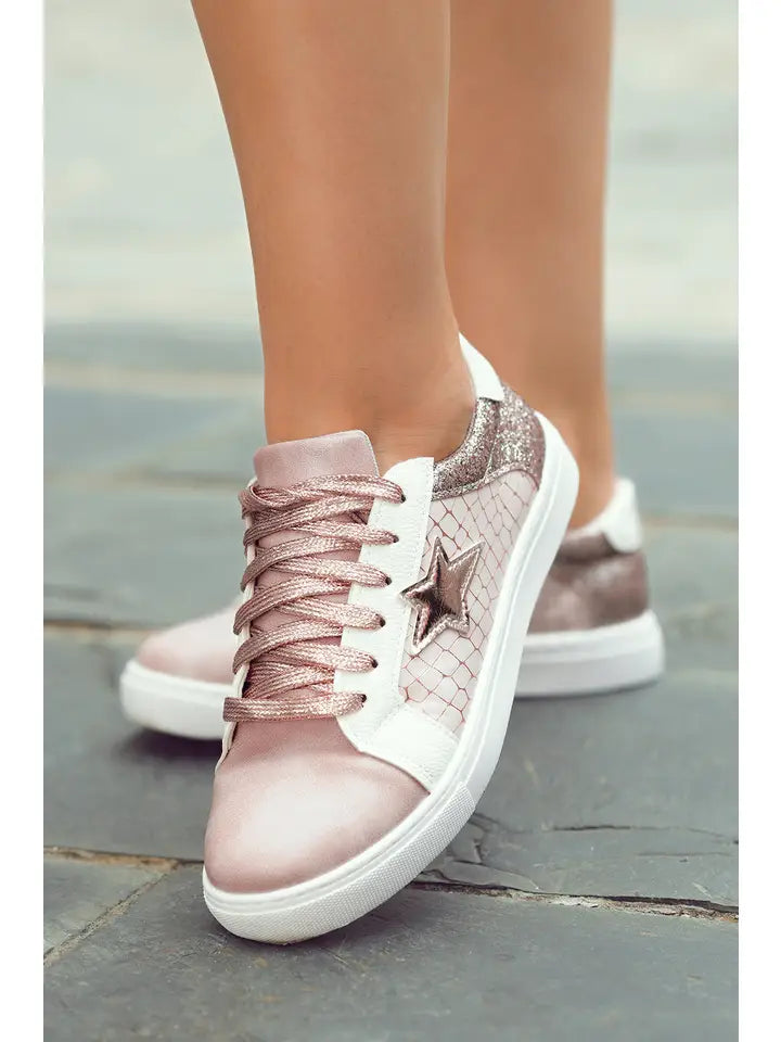 Glitter Star Patchwork Pu Leather Lace-Up Sneakers